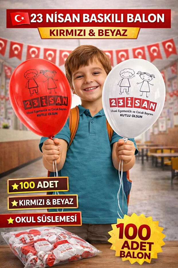 100'lü 23 Nisan Baskılı Balon Kırmızı Beyaz Okul Süsleme Balonu Çocuk Bayramı